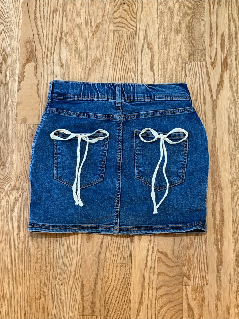 Denim Mini Skirt with Tie-Back Pockets - Blue